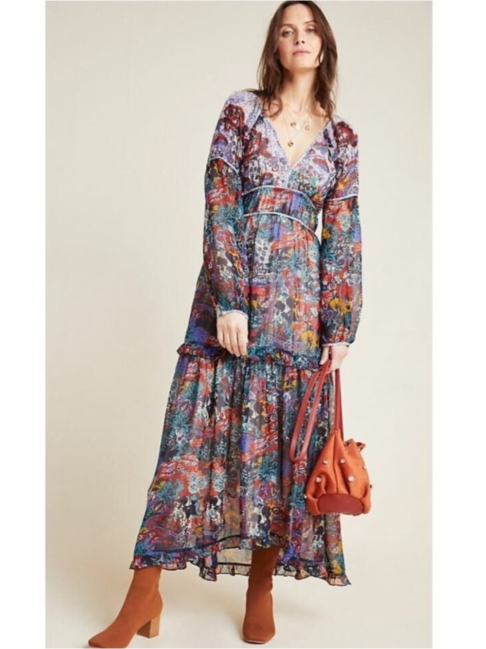 Anthropologie Maeve Annabella Floral Long Sleeve Chiffon Maxi Dress Size 4
